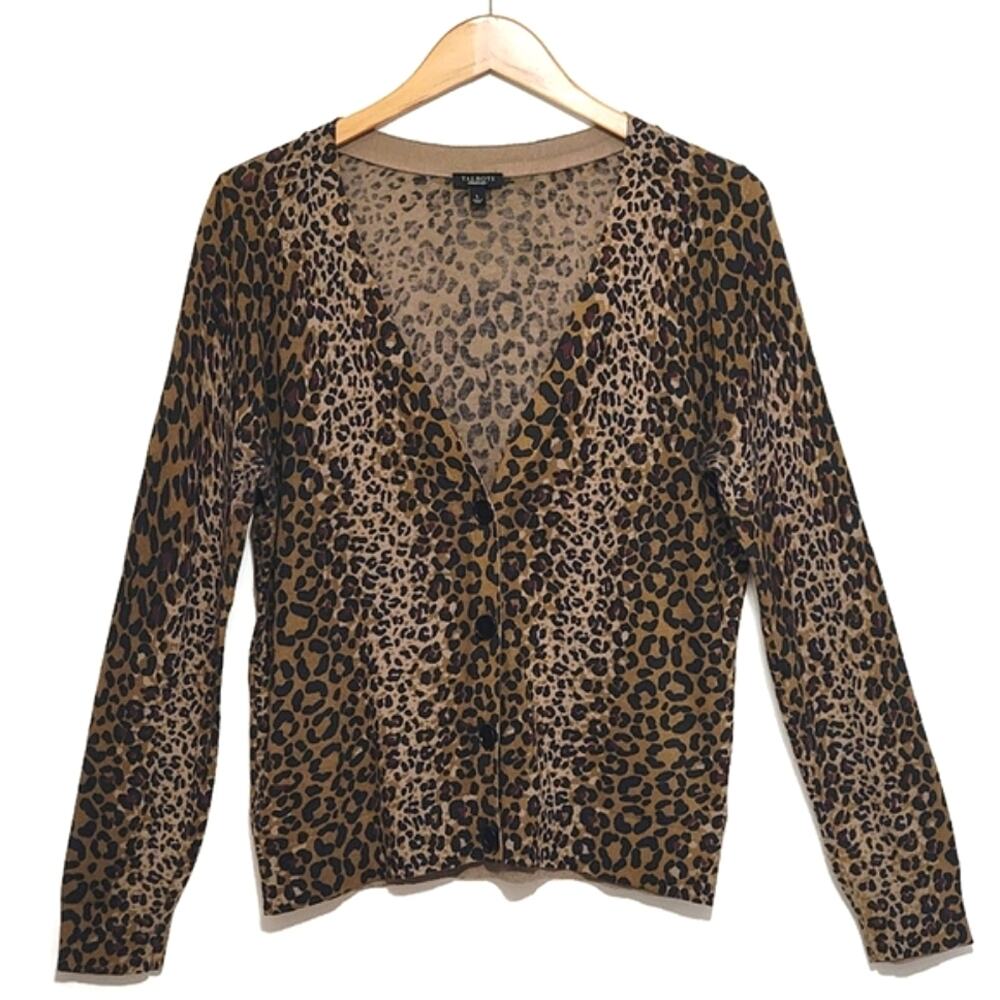 Talbots Leopard Animal V Neck Long Sleeve Button Down Cardigan Sweater Size L